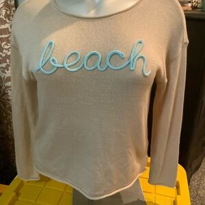 Marled by Reunited Clothing Beige Knit Sweater with Blue Embroidery